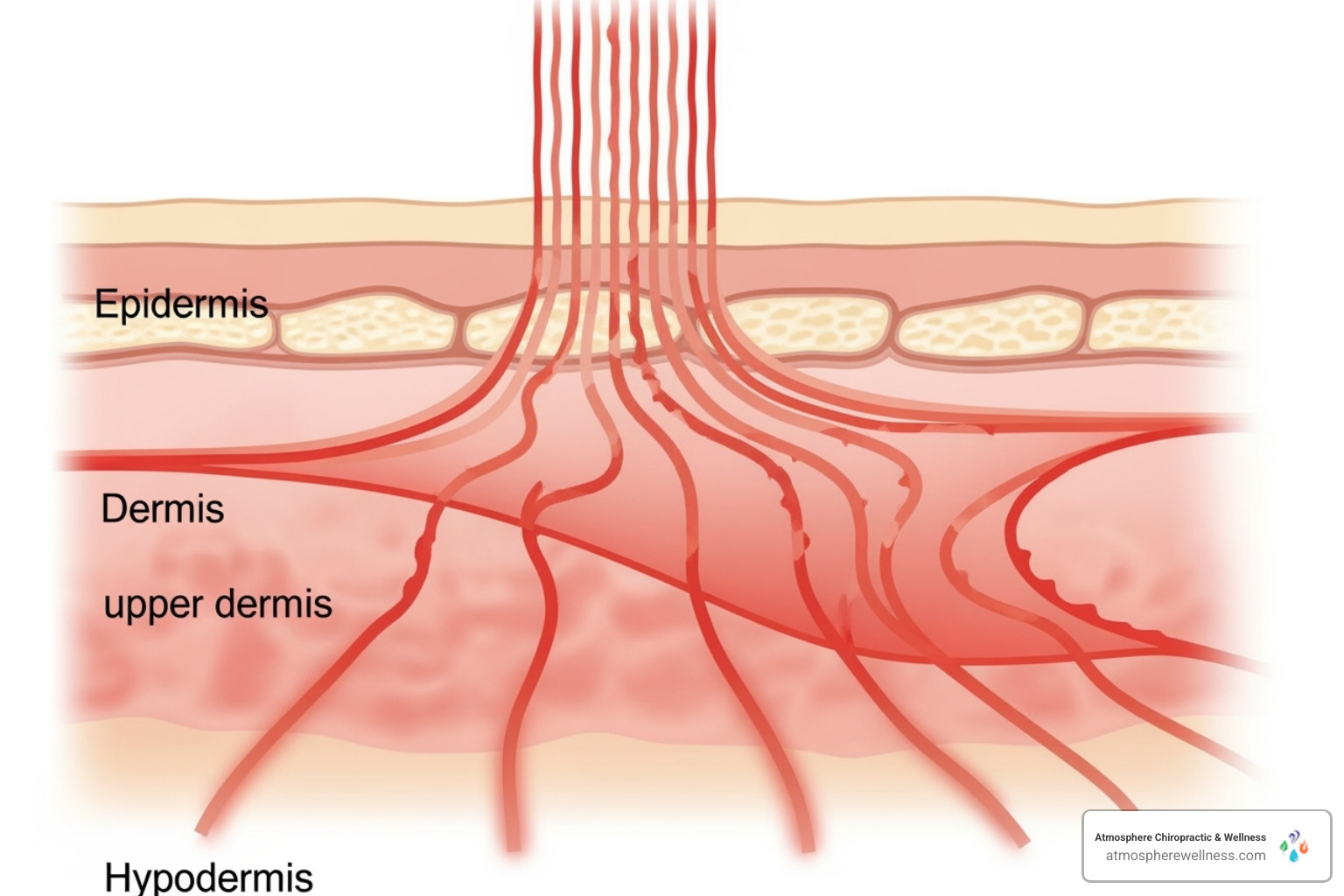 diagram showing red light wavelengths penetrating different layers of the skin - Red light therapy benefits