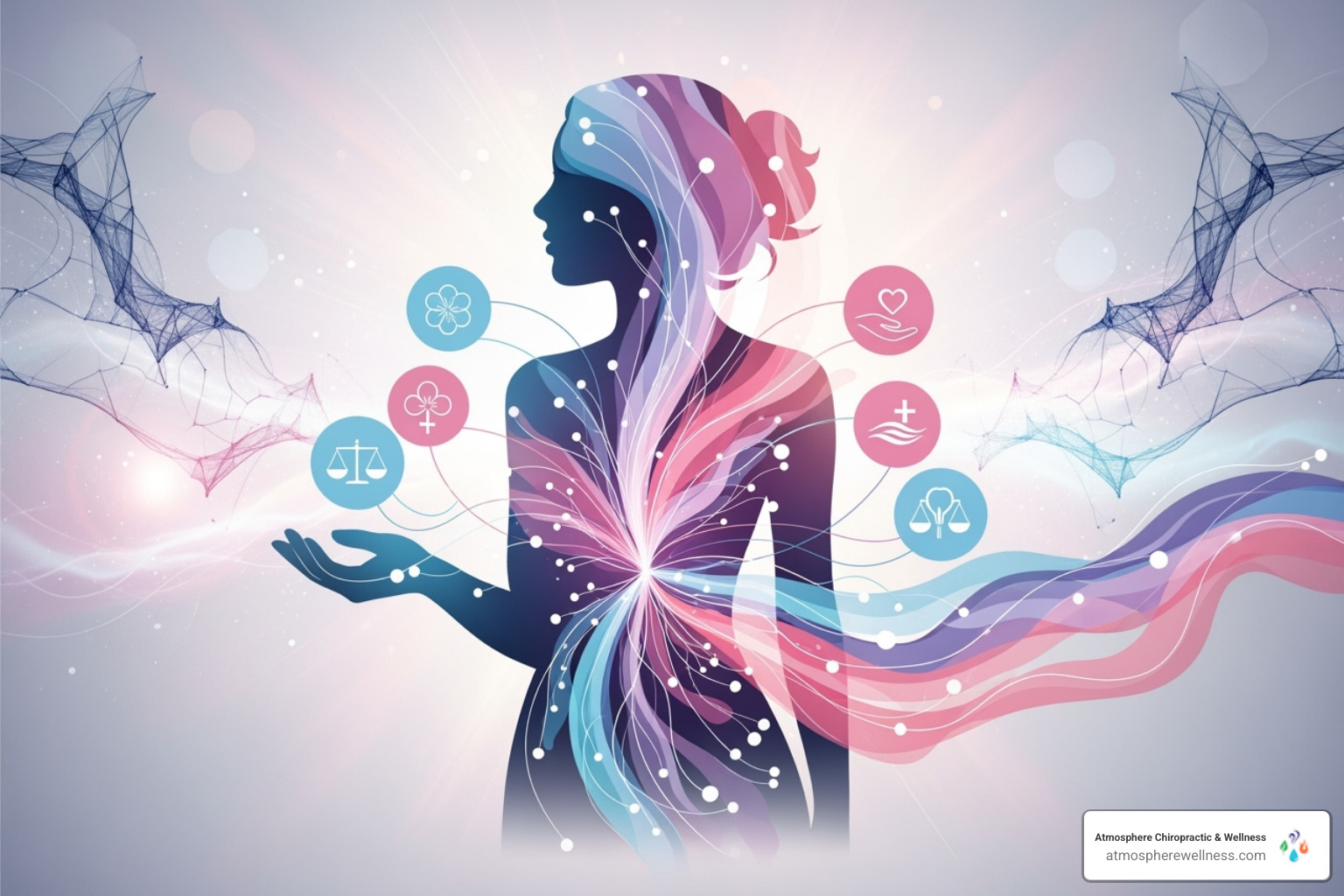 Illustration of hormone molecules balancing in a body - hormone therapy for women