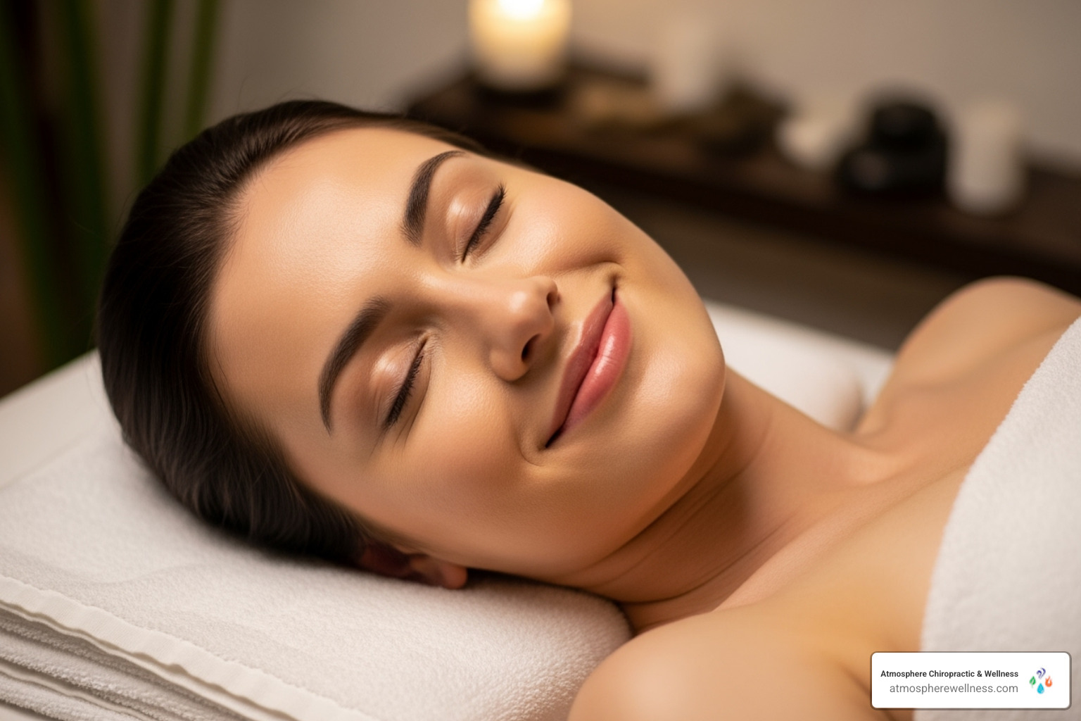A person looking relaxed and happy after a massage, with a serene expression and soft lighting. - massage for chronic pain