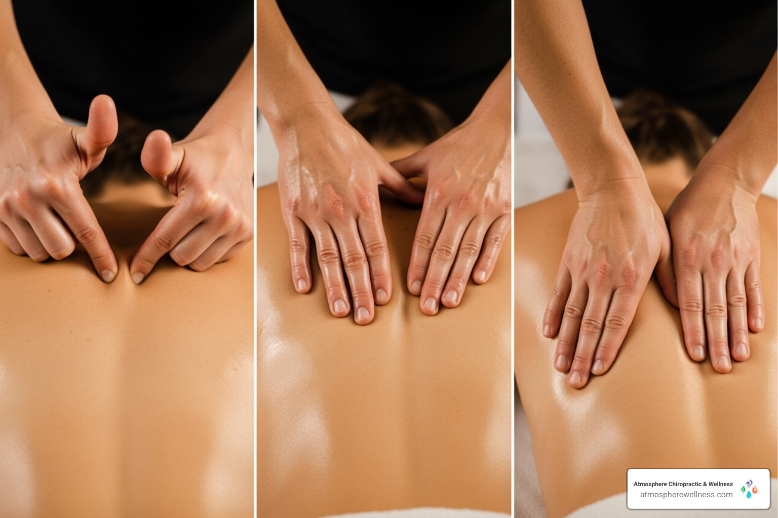 Different massage techniques being applied, showing hands on a back for Swedish, thumbs pressing for trigger point, and forearms for deep tissue. - massage for chronic pain
