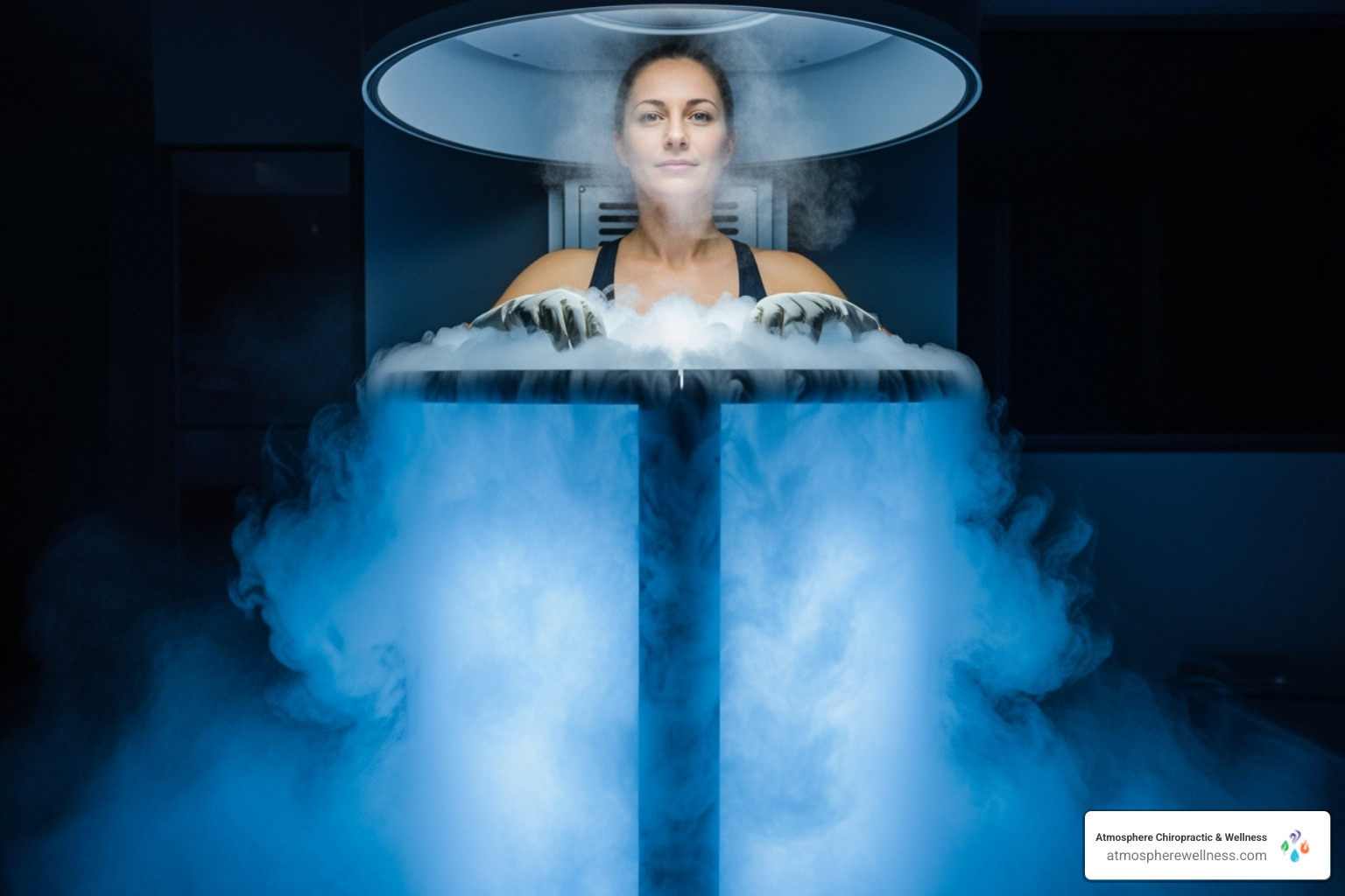 A person in a cryotherapy chamber, surrounded by cold vapor - pain relief therapy