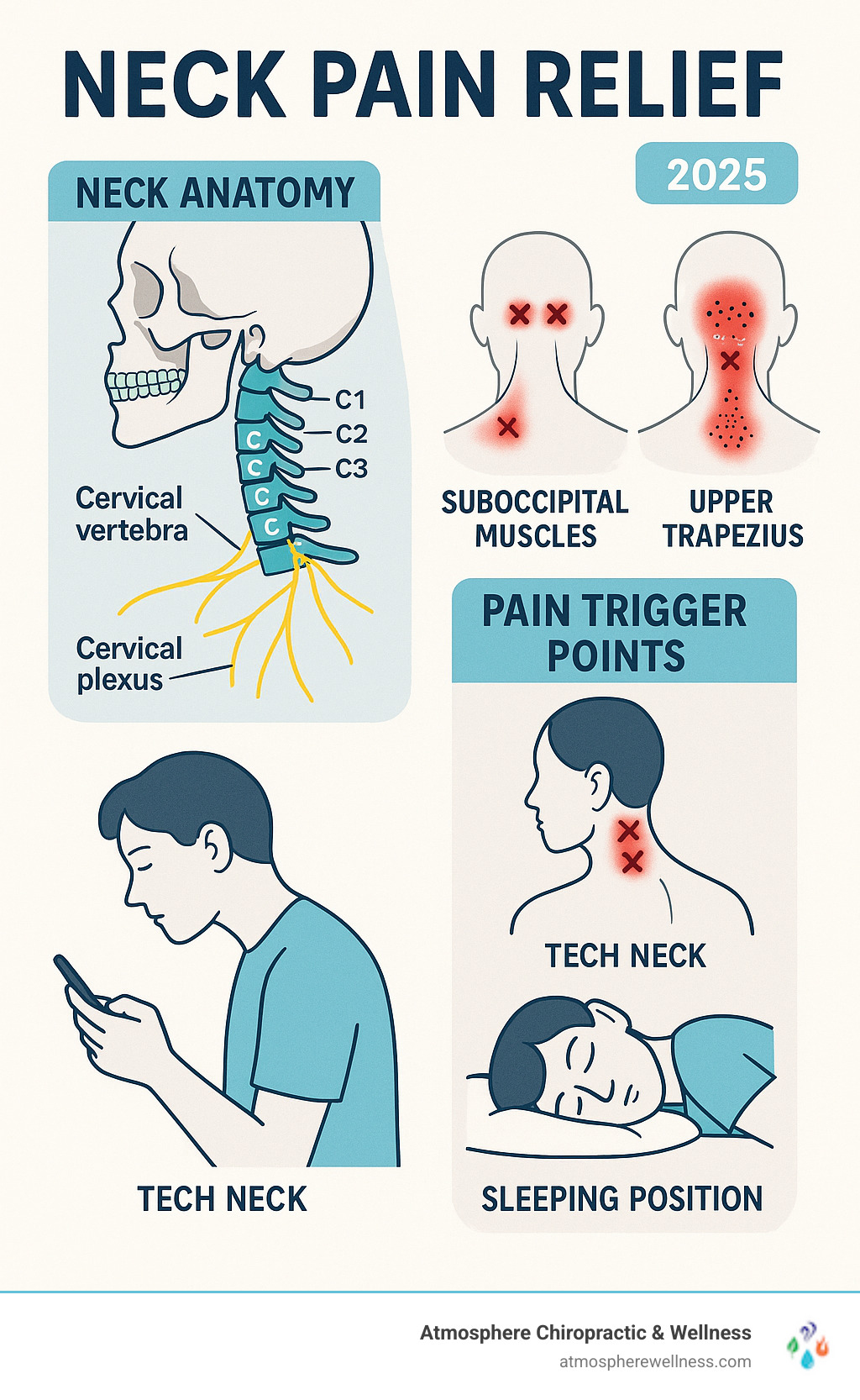 Comprehensive infographic showing neck anatomy including cervical vertebrae C1-C7, common pain trigger points in the suboccipital muscles and upper trapezius, nerve pathways from the cervical plexus, and illustrations of how poor posture from tech neck and sleeping positions create muscle tension and spinal misalignment leading to pain - neck pain relief lehi infographic 