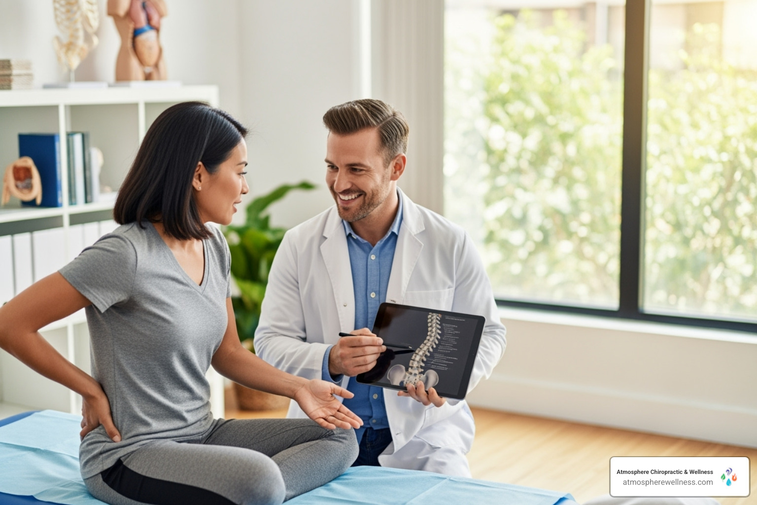 A chiropractor or physical therapist consulting with a patient in a friendly clinic setting - neck pain relief lehi