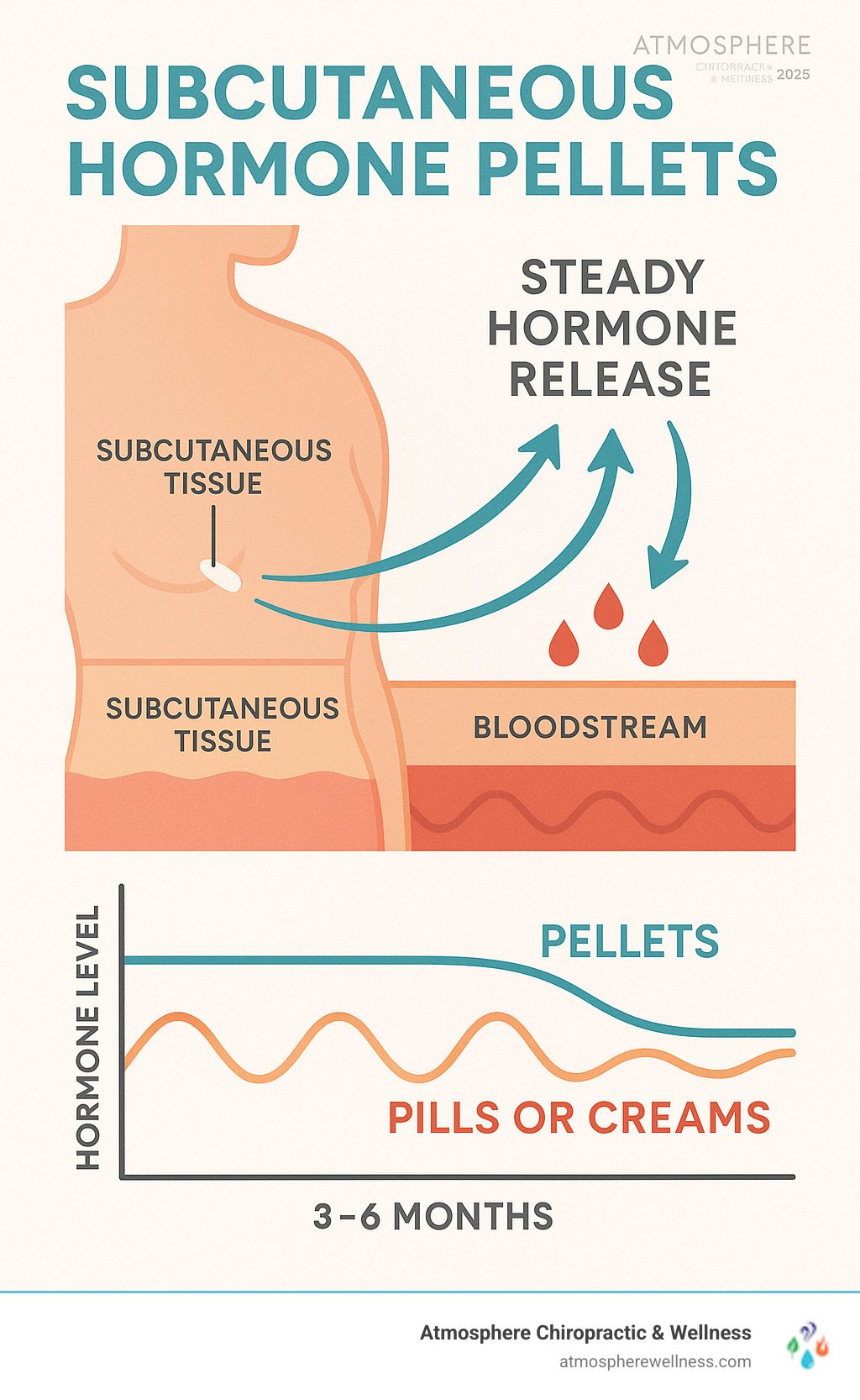 Infographic showing subcutaneous hormone pellet placement under the skin with arrows indicating steady hormone release into bloodstream over 3-6 months, comparing consistent pellet levels versus fluctuating levels from pills and creams - subcutaneous hormone pellets infographic 