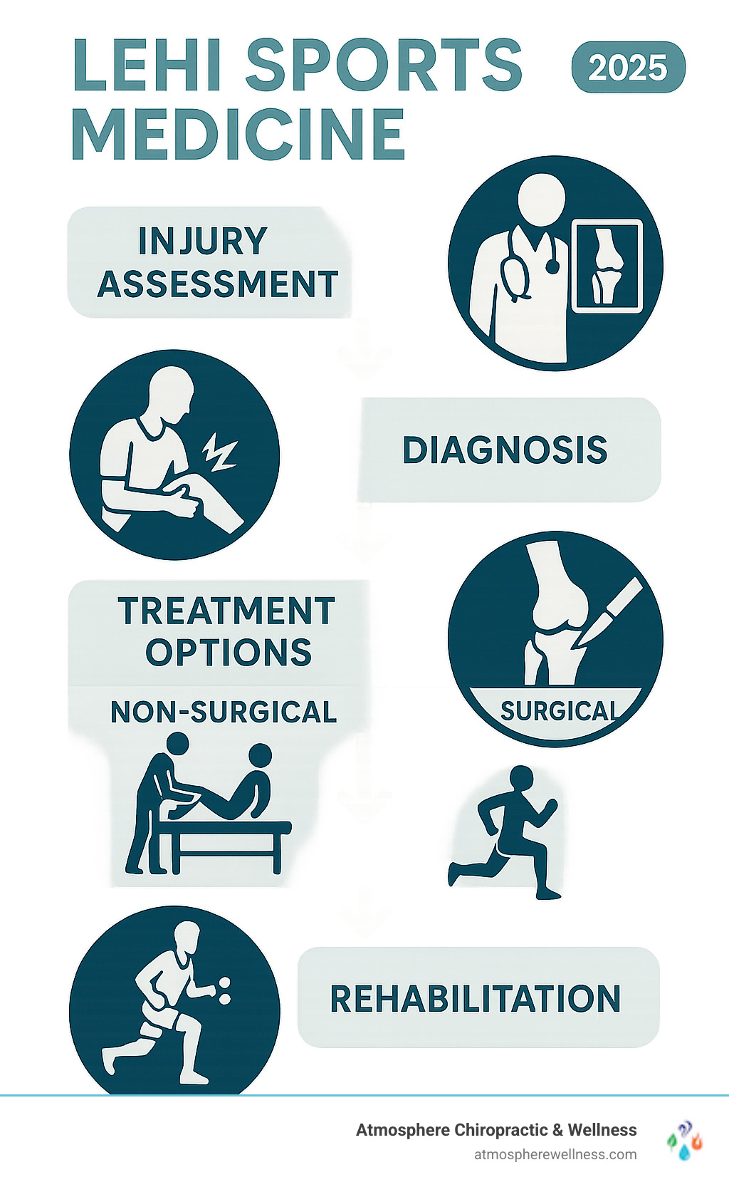Infographic showing the complete sports medicine journey from initial injury assessment through diagnosis, treatment options including non-surgical and surgical interventions, rehabilitation phases, and return to peak athletic performance - lehi sports medicine infographic 
