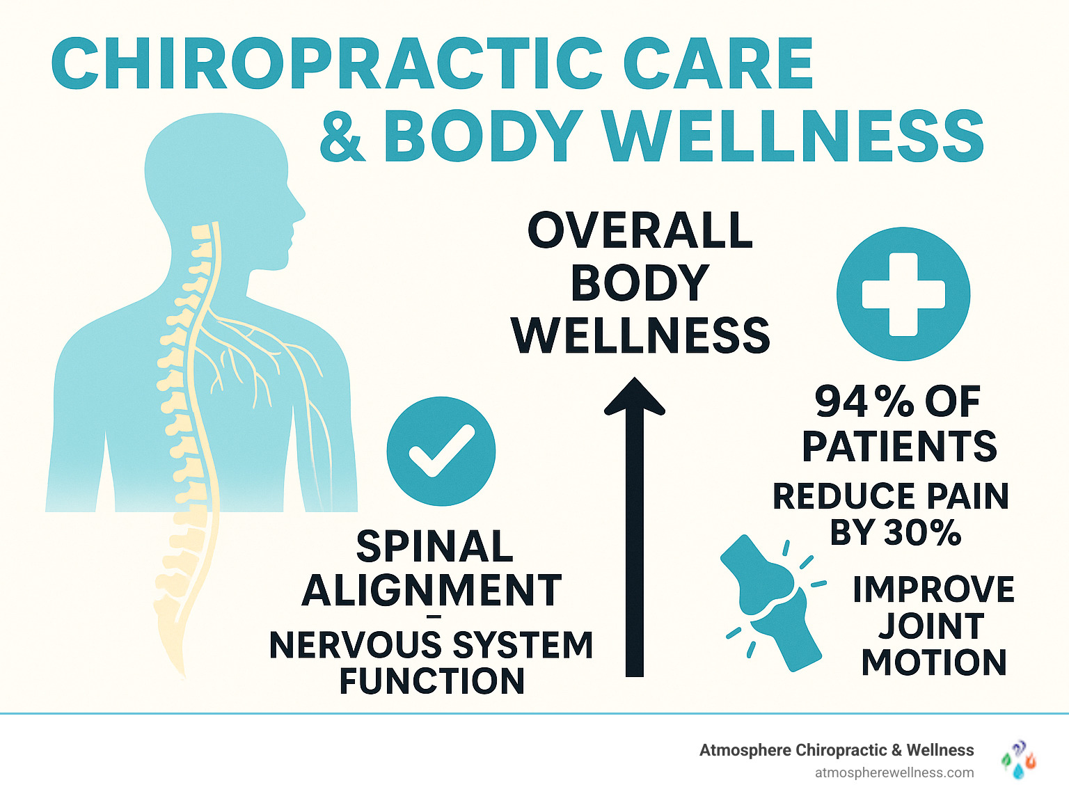 Infographic showing the connection between spinal alignment, nervous system function, and overall body wellness, including how chiropractic adjustments reduce pain by 30% in 94% of patients and improve joint motion through targeted spinal care - chiropractic care lehi infographic 