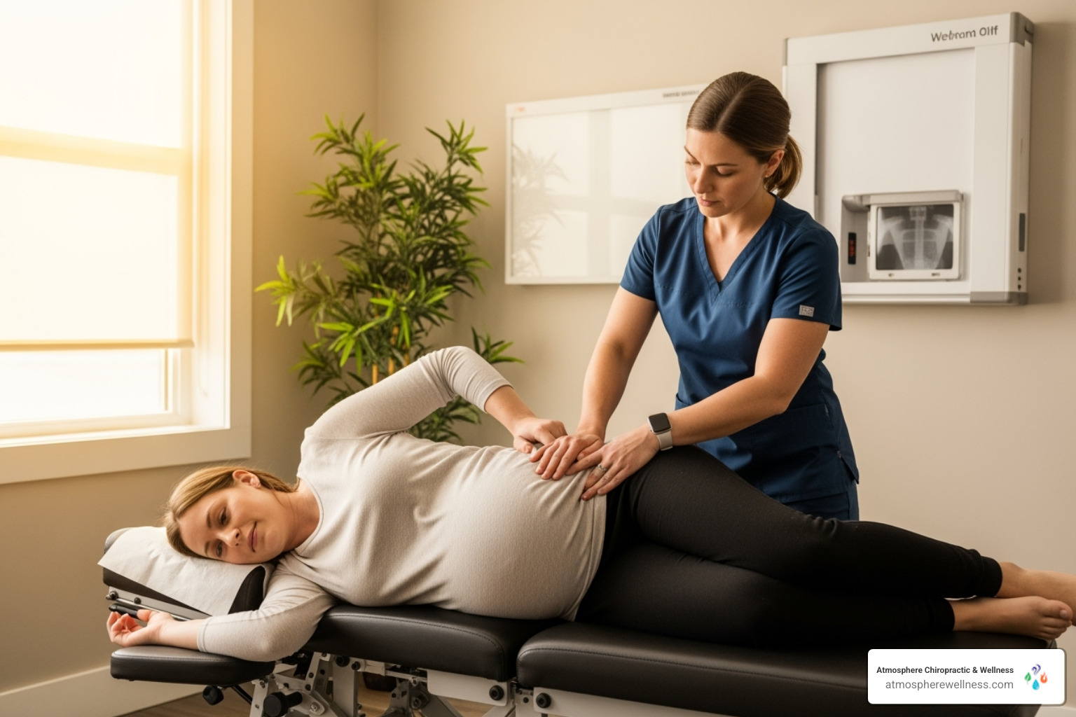A pregnant woman receiving a gentle chiropractic adjustment.