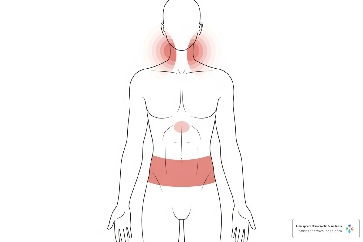 diagram showing common areas of stress-related pain like the neck, shoulders, and lower back - chiropractic for stress relief
