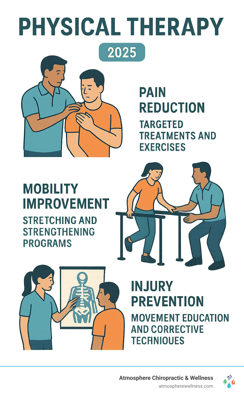Infographic showing three core benefits of physical therapy: pain reduction through targeted treatments and exercises, mobility improvement via stretching and strengthening programs, and injury prevention through movement education and corrective techniques - physical therapy in lehi infographic  Infographic showing three core benefits of physical therapy: pain reduction through targeted treatments and exercises, mobility improvement via stretching and strengthening programs, and injury prevention through movement education and corrective techniques - physical therapy in lehi infographic