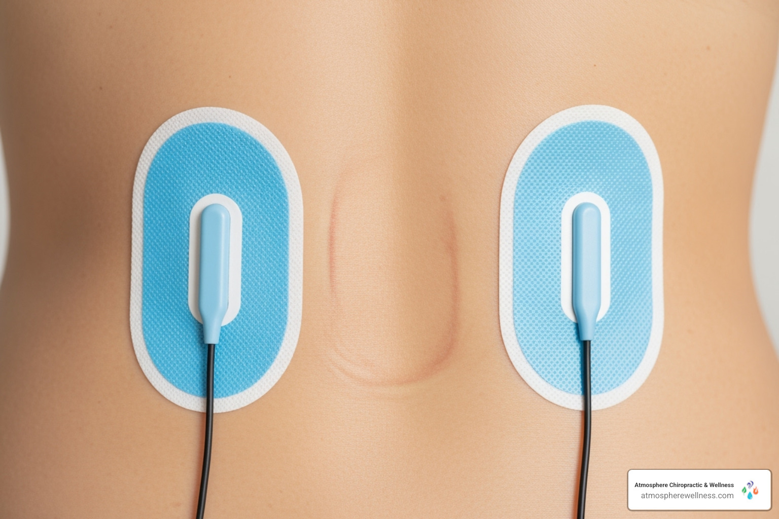 Electrode placement for lower back pain, showing two pads on either side of the spine - tens therapy pain relief
