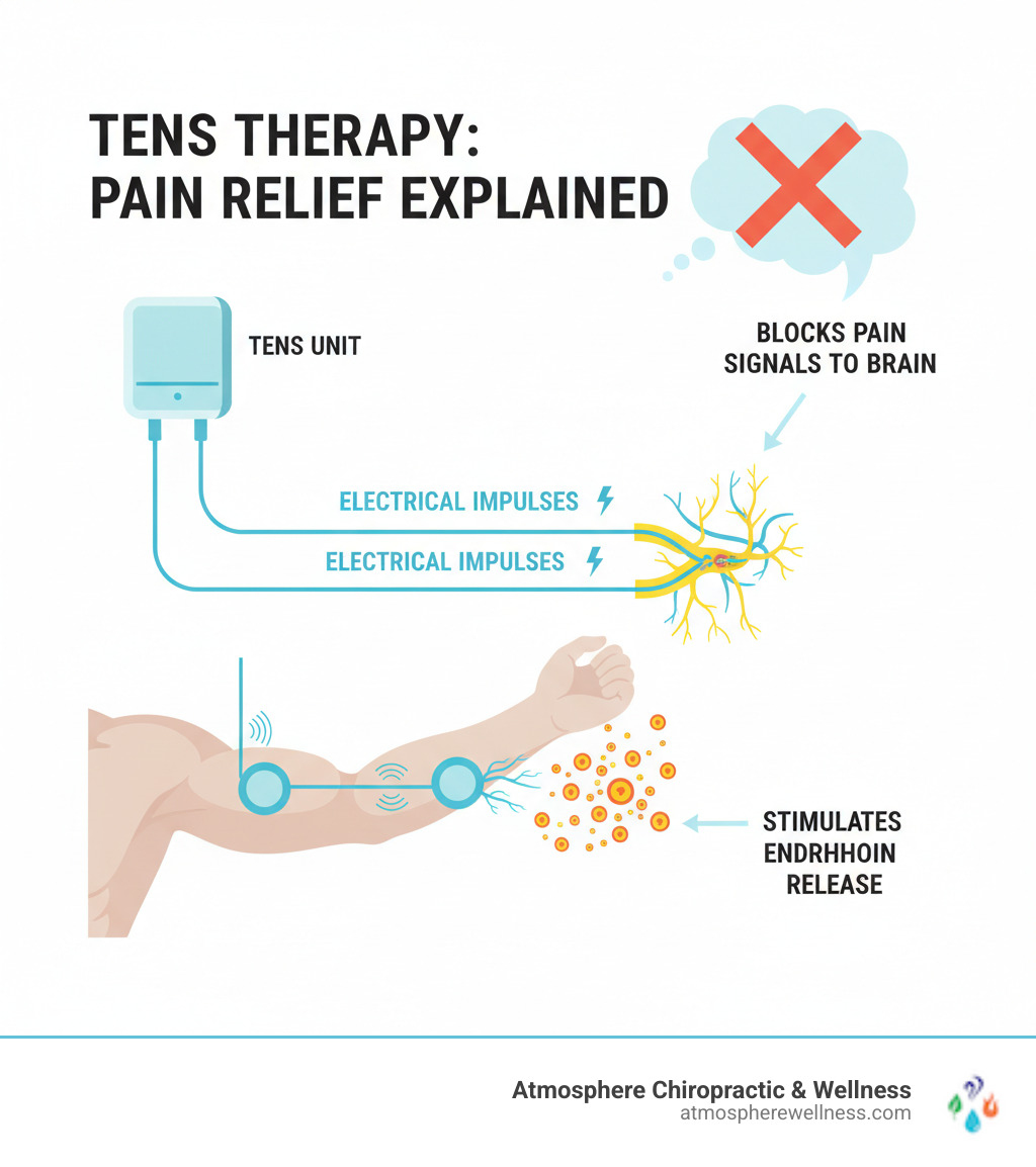 Detailed infographic showing how TENS therapy works: electrical impulses traveling from TENS unit through electrodes on skin to nerve pathways, blocking pain signals to the brain while stimulating endorphin release - tens therapy pain relief infographic 