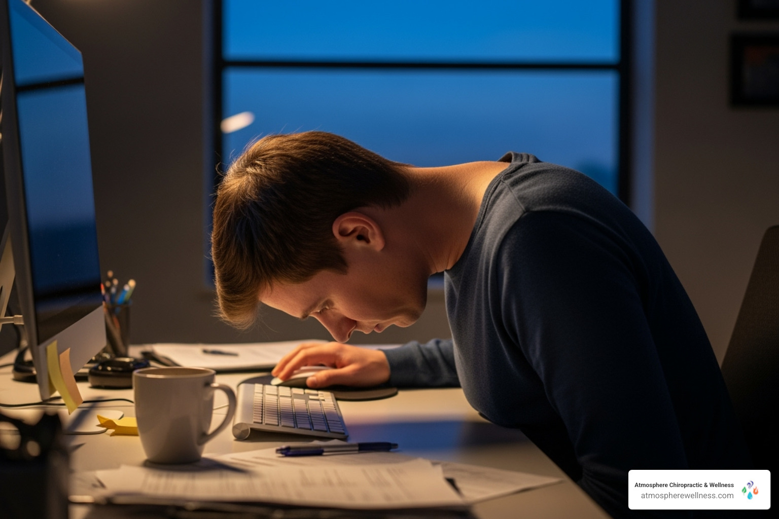 person working at a desk with poor posture, illustrating "text neck" - neck pain lehi