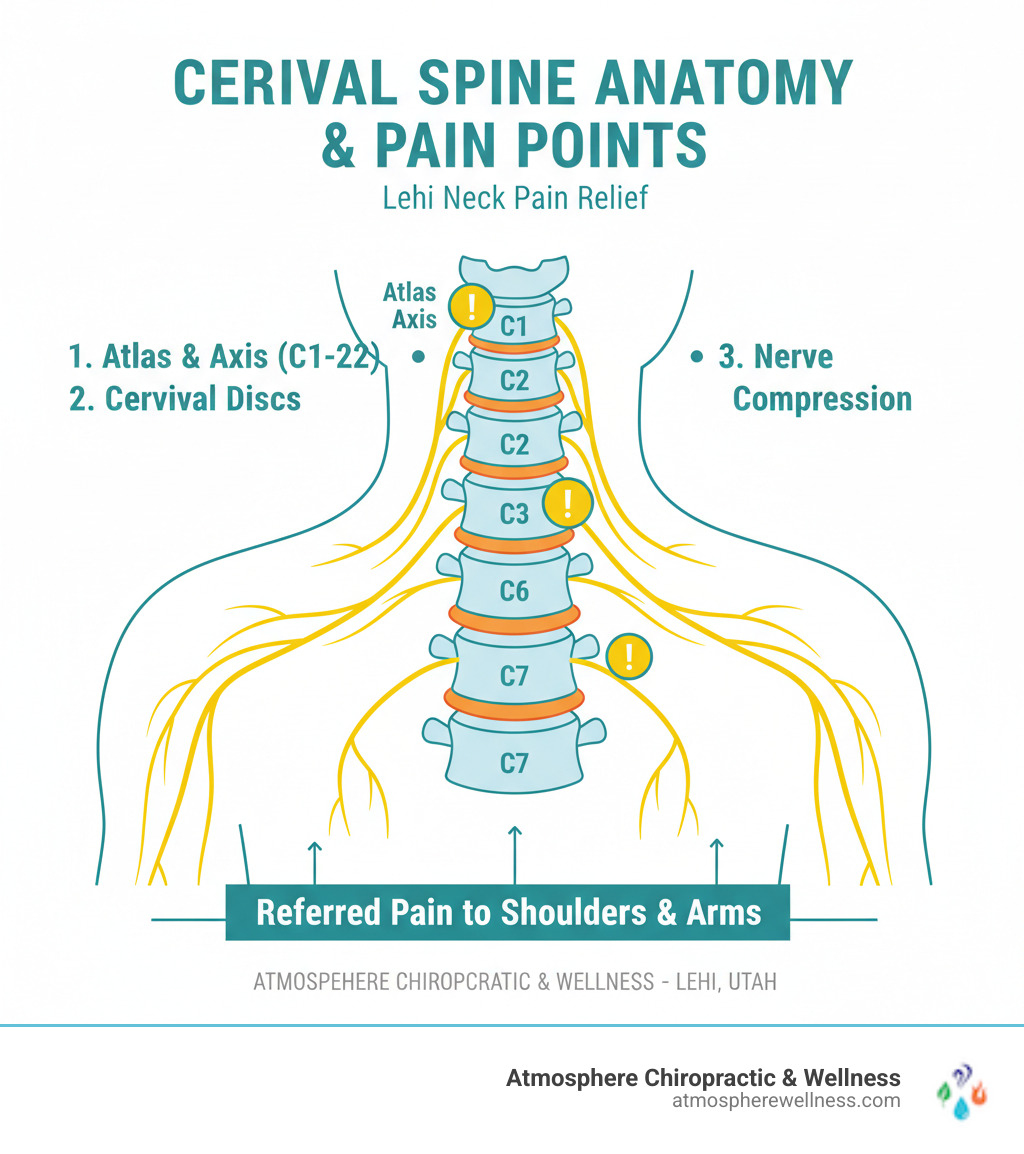 Infographic showing the cervical spine anatomy with seven vertebrae labeled C1-C7, highlighting common pain points including the atlas and axis vertebrae, cervical discs, and nerve pathways that can cause referred pain to shoulders and arms when compressed or irritated - neck pain lehi infographic 