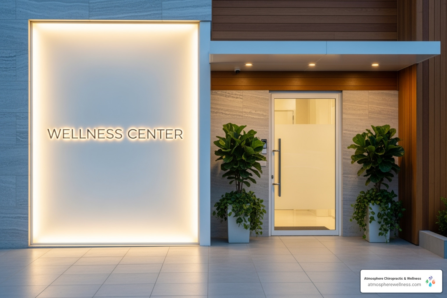 A welcoming and professional clinic entrance with a sign that says "Atmosphere Wellness" - hormone replacement therapy near me