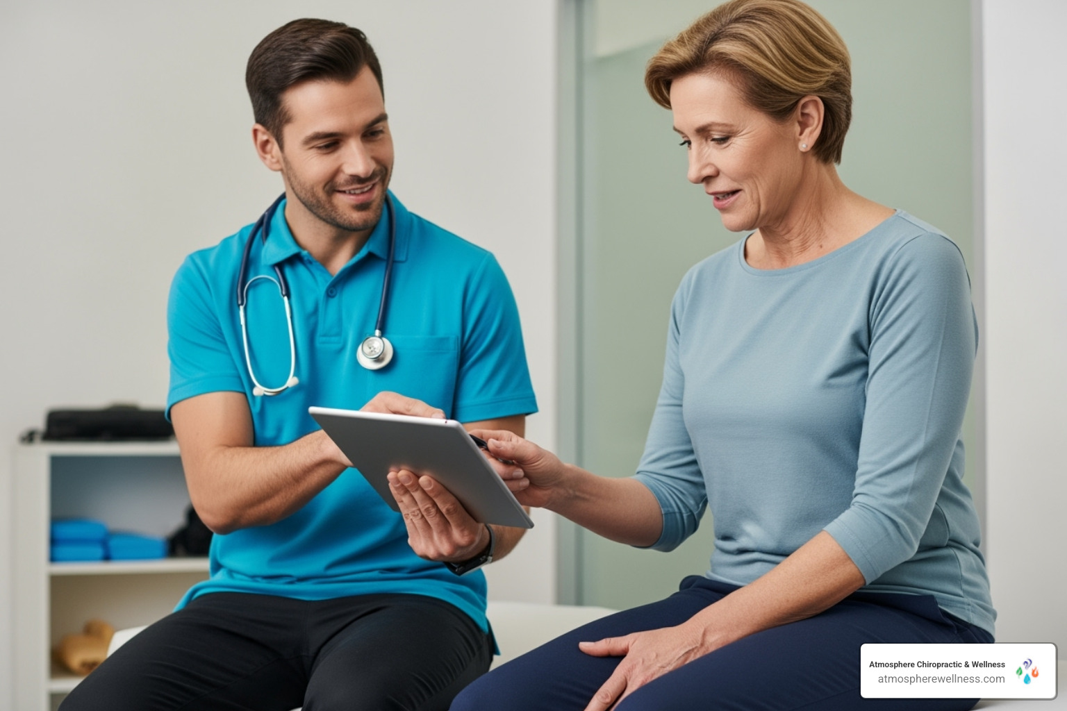 patient and therapist discussing a treatment plan on a tablet - physical therapy near mr patient and therapist discussing a treatment plan on a tablet - physical therapy near mr