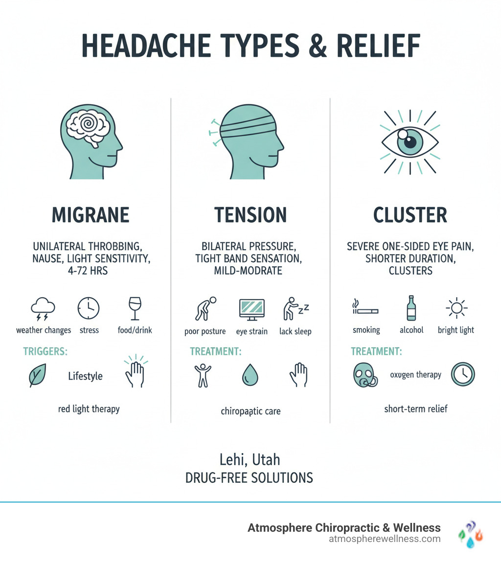 Comprehensive infographic showing the key differences between migraine headaches (unilateral throbbing pain, nausea, light sensitivity, 4-72 hour duration), tension headaches (bilateral pressure, tight band sensation, mild to moderate intensity), and cluster headaches (severe one-sided pain around eye, shorter duration, occurs in clusters), along with common triggers for each type and recommended treatment approaches - migraine relief lehi utah infographic Comprehensive infographic showing the key differences between migraine headaches (unilateral throbbing pain, nausea, light sensitivity, 4-72 hour duration), tension headaches (bilateral pressure, tight band sensation, mild to moderate intensity), and cluster headaches (severe one-sided pain around eye, shorter duration, occurs in clusters), along with common triggers for each type and recommended treatment approaches - migraine relief lehi utah infographic