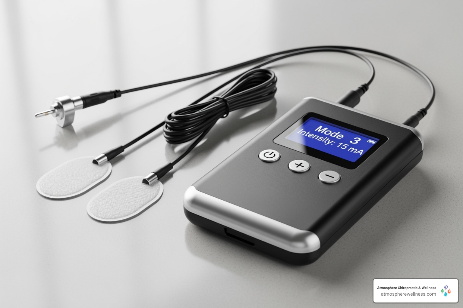 Image of a modern, portable TENS unit with its accessories - tens machine