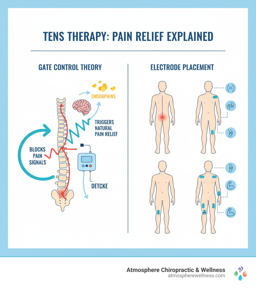 Infographic showing Gate Control Theory of pain relief with TENS therapy, illustrating how electrical pulses block pain signals at the spinal cord level and trigger endorphin release in the brain, plus common electrode placement positions for different body areas - tens machine infographic 