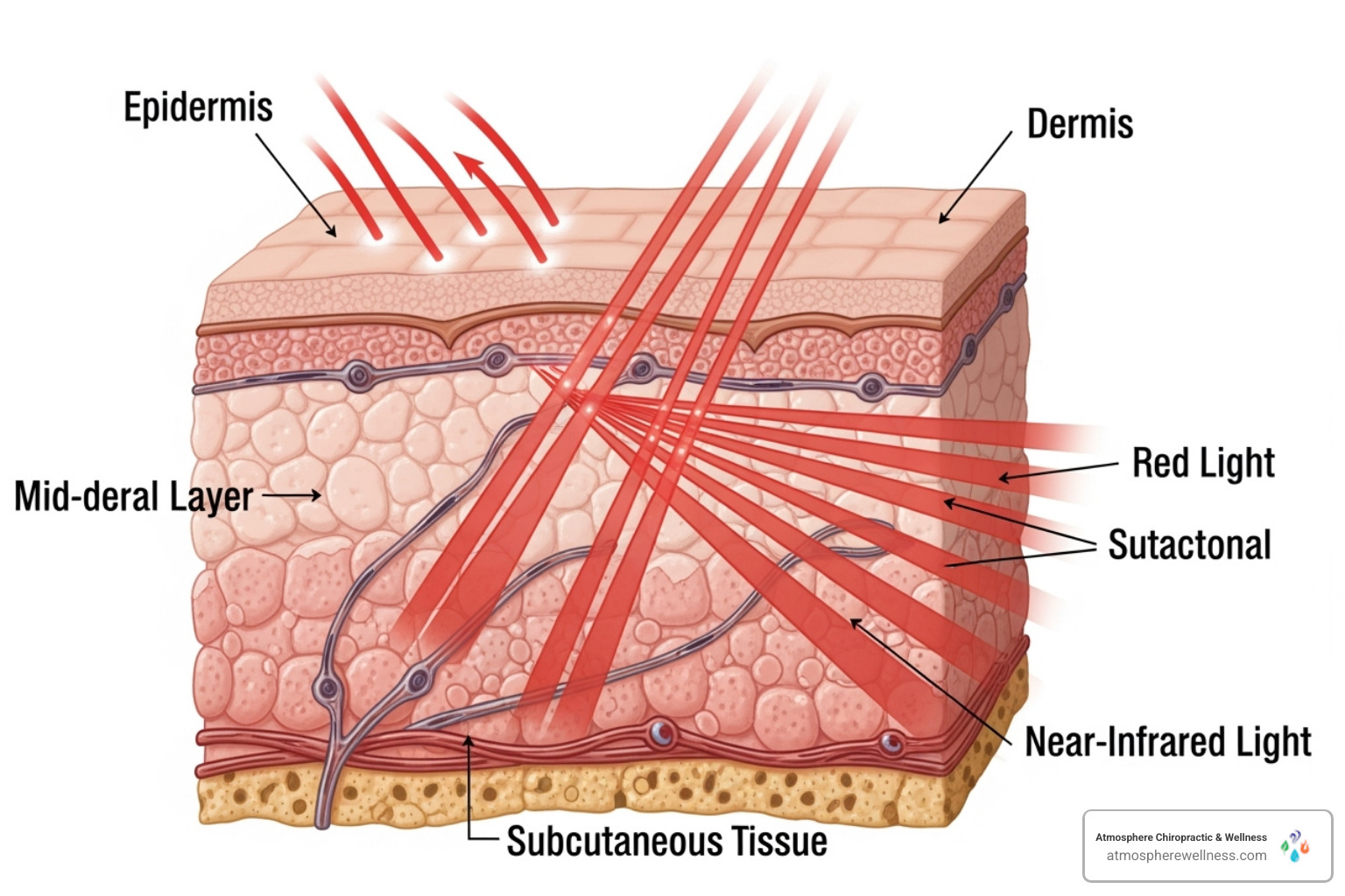 diagram showing red and near-infrared light penetrating different skin layers - red light skin therapy