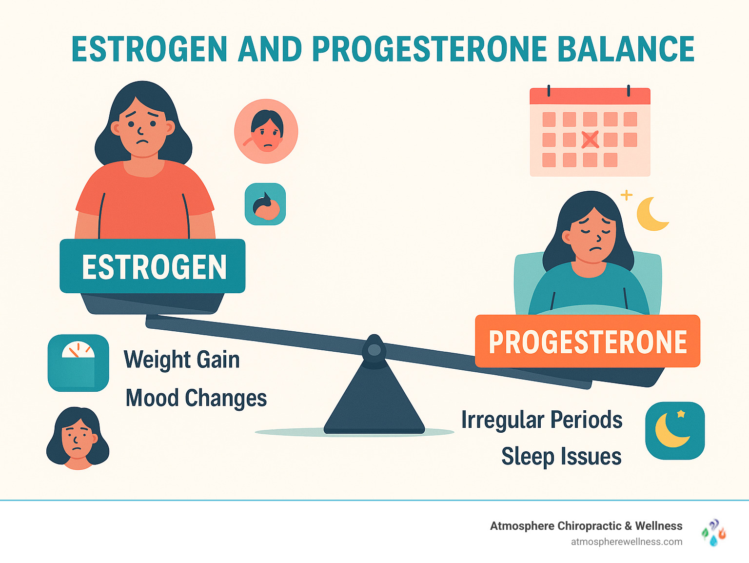 Detailed infographic showing estrogen and progesterone balance scale with common symptoms listed on each side, including visual representations of weight gain, mood changes, irregular periods, and sleep issues - estrogen dominance symptoms infographic 