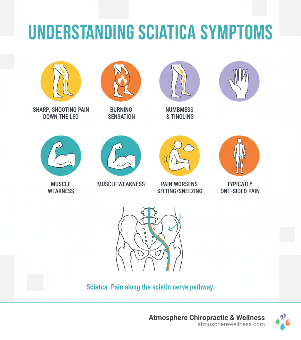infographic showing sciatica symptoms including sharp shooting pain down the leg, burning sensation, numbness and tingling in the leg and foot, muscle weakness, pain that worsens when sitting or sneezing, and pain typically affecting one side of the body - sciatica treatment lehi infographic infographic showing sciatica symptoms including sharp shooting pain down the leg, burning sensation, numbness and tingling in the leg and foot, muscle weakness, pain that worsens when sitting or sneezing, and pain typically affecting one side of the body - sciatica treatment lehi infographic