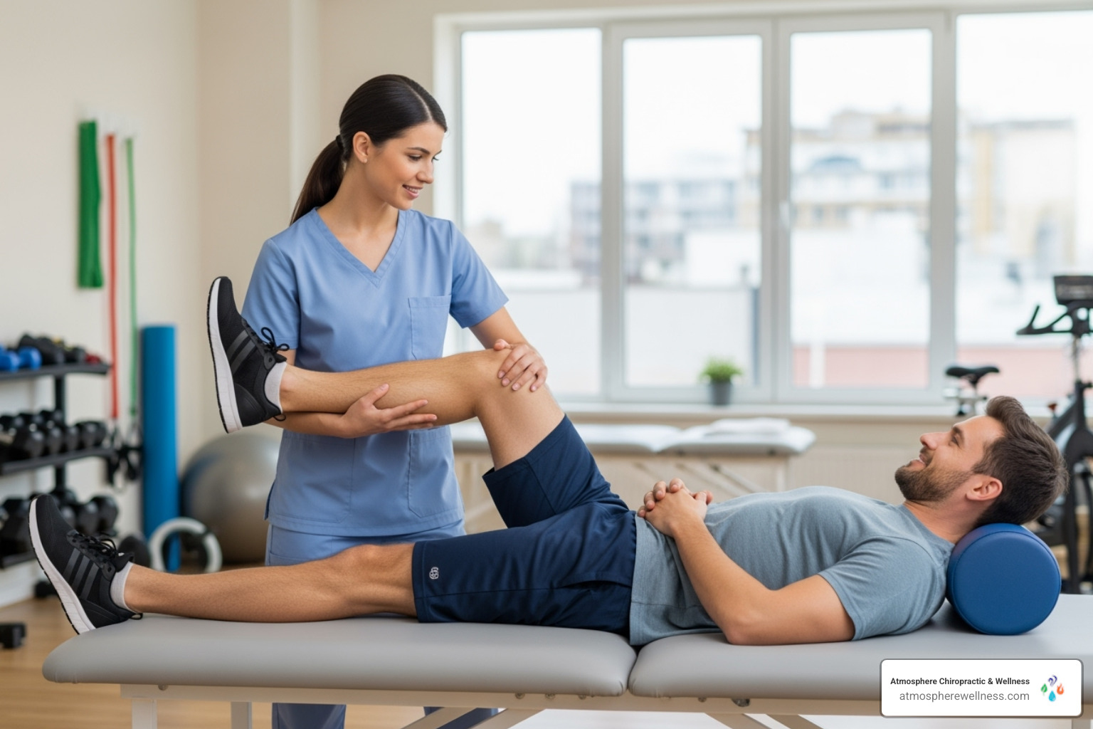 A physical therapist performing a gentle stretching exercise with a patient on a treatment table, focusing on a clear and supportive interaction. - physical therapy saratoga springs A physical therapist performing a gentle stretching exercise with a patient on a treatment table, focusing on a clear and supportive interaction. - physical therapy saratoga springs
