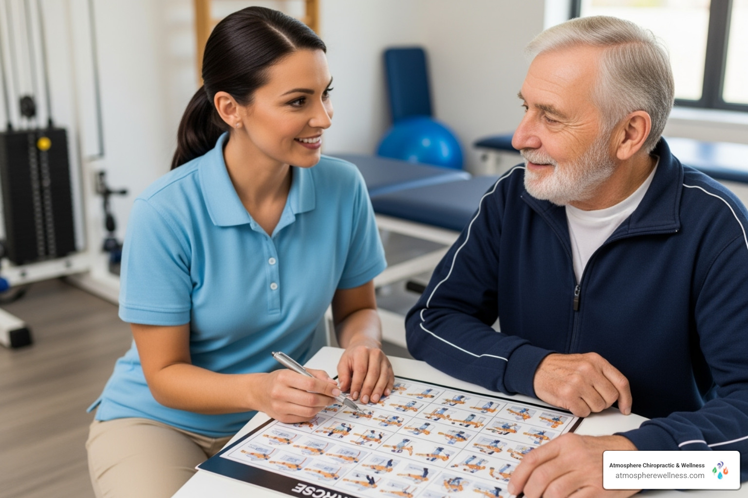 A physical therapist (PT) and a patient reviewing an exercise chart together, emphasizing clear communication and collaborative goal-setting. - physical therapy saratoga springs A physical therapist (PT) and a patient reviewing an exercise chart together, emphasizing clear communication and collaborative goal-setting. - physical therapy saratoga springs