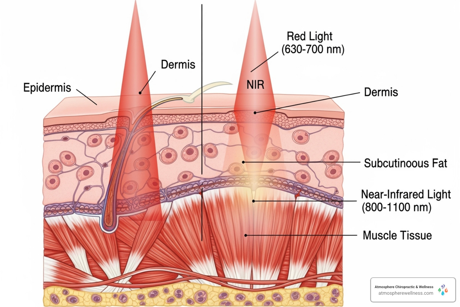 Diagram showing light wavelengths penetrating skin layers - red light therapy clinic
