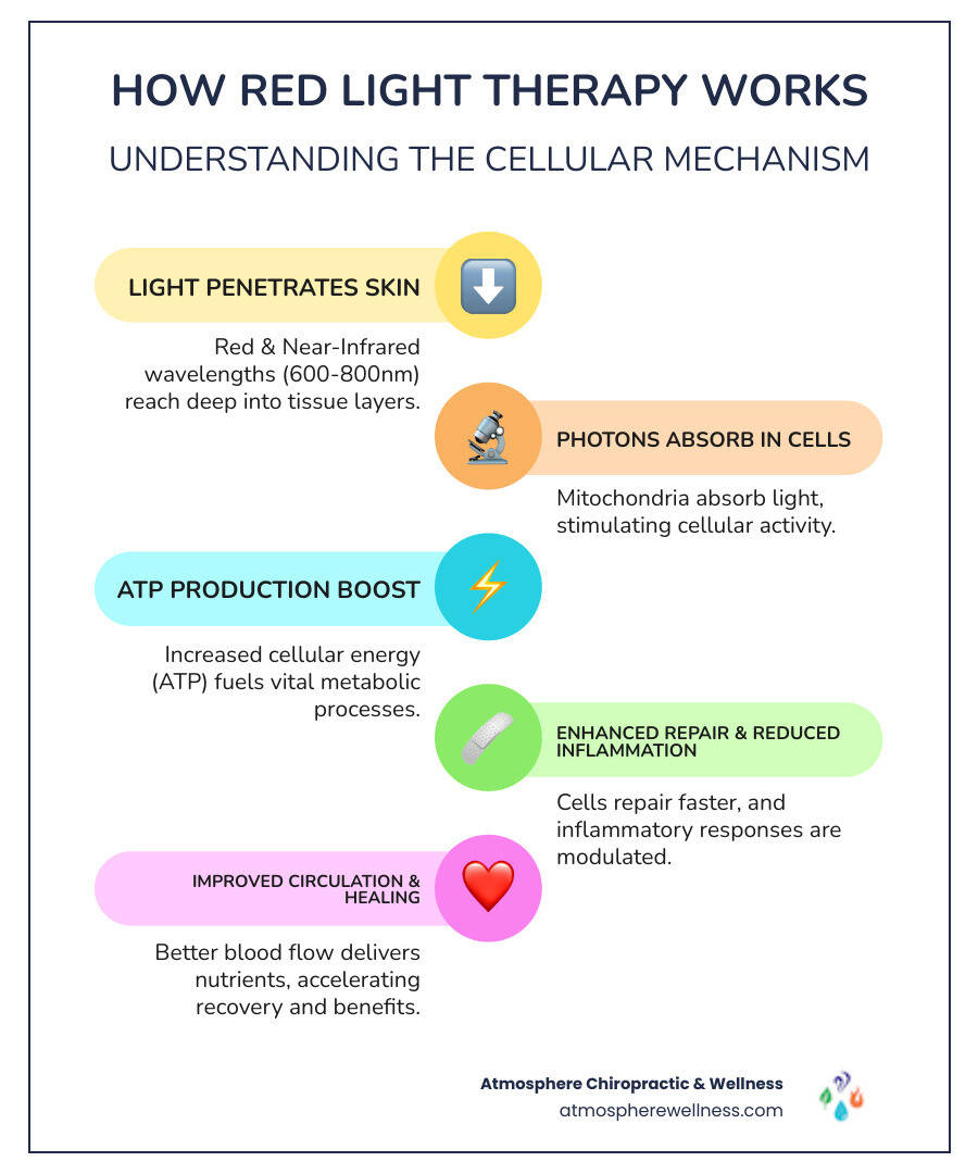 Infographic showing how red light therapy works: red and near-infrared light wavelengths (600-800nm) penetrate skin layers to reach cells, where photons are absorbed by mitochondria, triggering increased ATP production, enhanced cellular repair, reduced inflammation, and improved blood circulation for healing benefits - red light therapy clinic infographic infographic-line-5-steps-colors