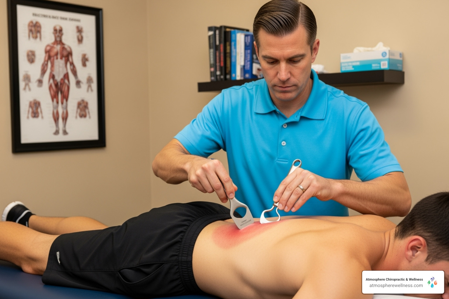 Image of a chiropractor using a tool for soft tissue therapy - Chiropractic care for athletes