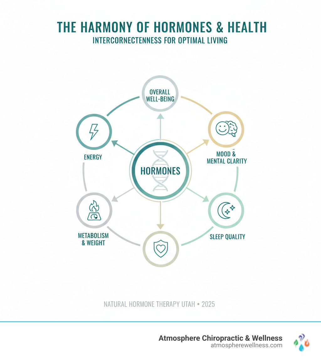 Infographic showing the interconnectedness of hormones and overall well-being, including aspects like energy, mood, sleep, and metabolism - natural hormone therapy utah infographic Infographic showing the interconnectedness of hormones and overall well-being, including aspects like energy, mood, sleep, and metabolism - natural hormone therapy utah infographic