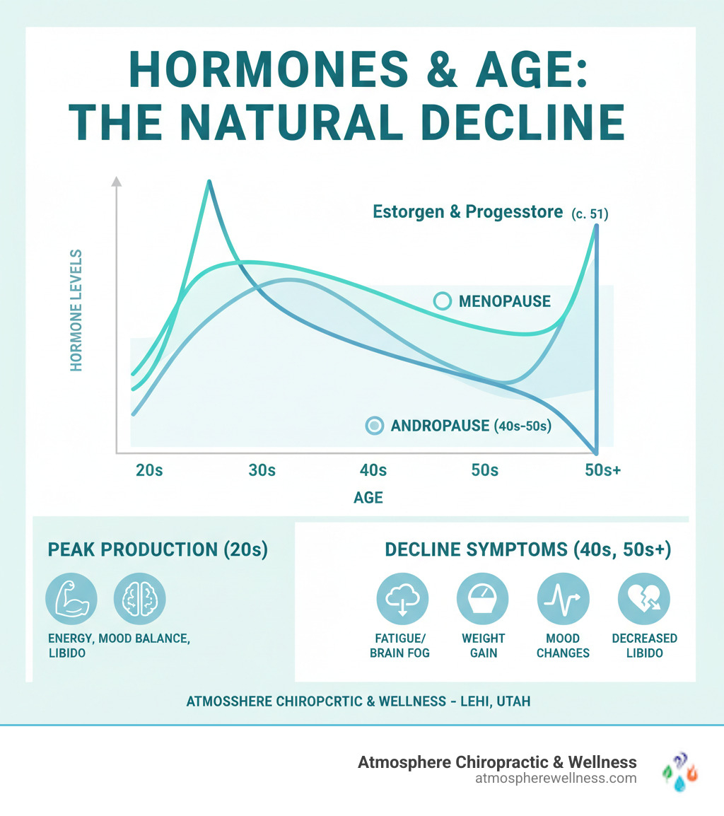 Infographic showing the natural decline of hormone levels with age: Estrogen, progesterone, and testosterone production peaks in the 20s and gradually decreases through the 30s, 40s, and 50s, with significant drops during menopause for women (around age 51) and andropause for men (typically 40s-50s), leading to symptoms like fatigue, weight gain, mood changes, and decreased libido - natural hormone therapy utah infographic Infographic showing the natural decline of hormone levels with age: Estrogen, progesterone, and testosterone production peaks in the 20s and gradually decreases through the 30s, 40s, and 50s, with significant drops during menopause for women (around age 51) and andropause for men (typically 40s-50s), leading to symptoms like fatigue, weight gain, mood changes, and decreased libido - natural hormone therapy utah infographic