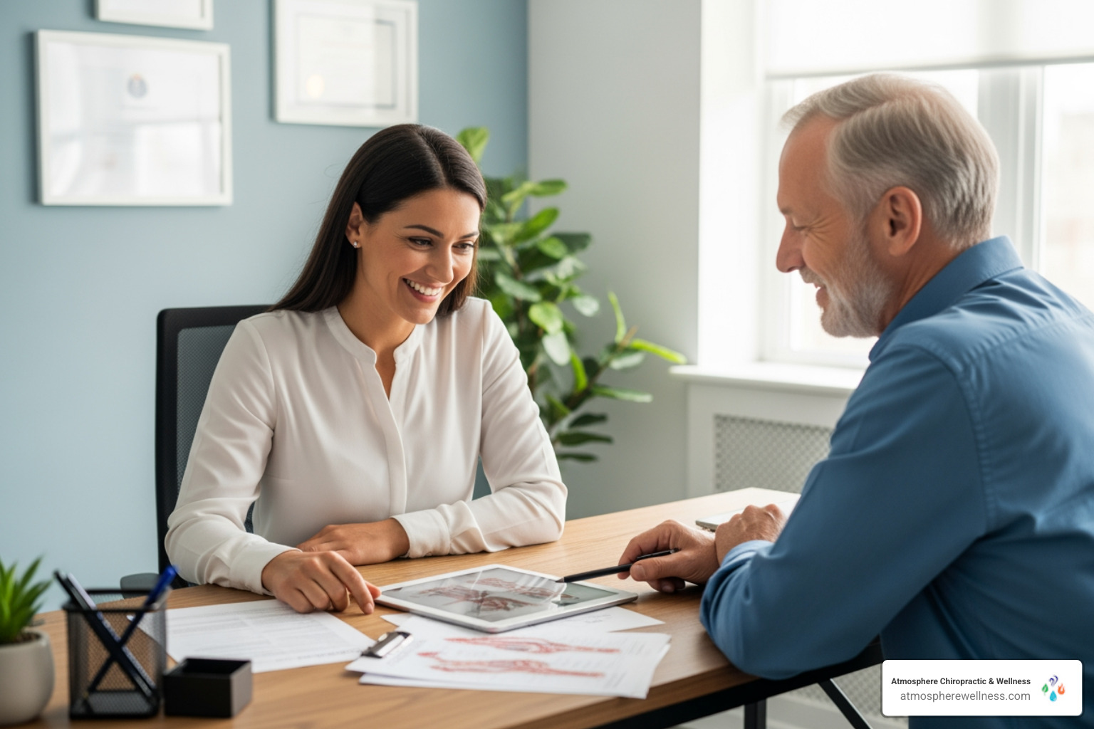 image of a friendly physical therapist consulting with a patient at a desk - physical therapy south jordan