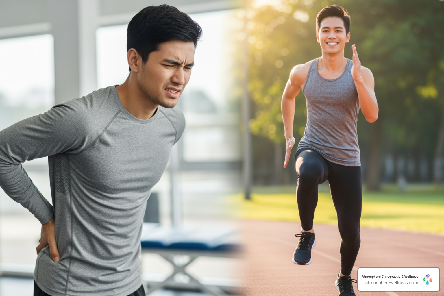 image of a person holding their lower back in discomfort, transitioning to a pain-free active pose - physical therapy south jordan