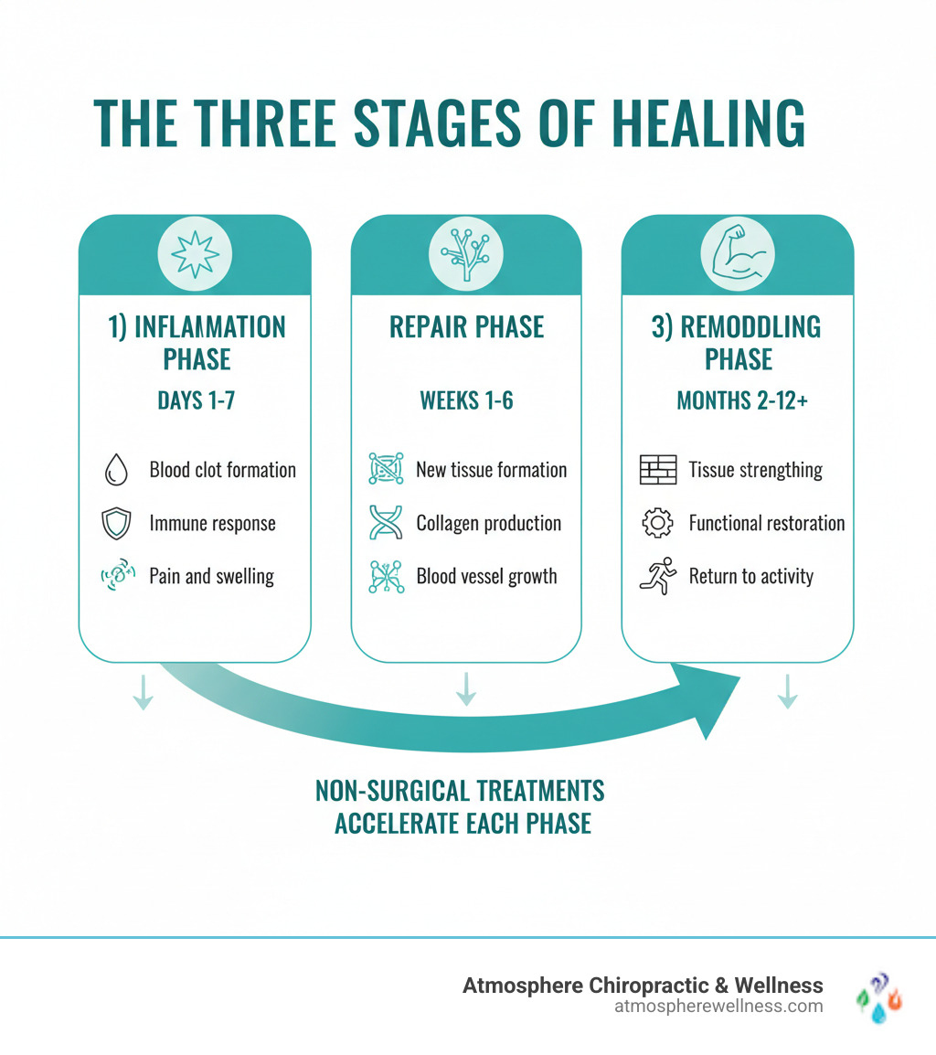 Infographic showing the three stages of healing: 1) Inflammation Phase (days 1-7): Blood clot formation, immune response, pain and swelling; 2) Repair Phase (weeks 1-6): New tissue formation, collagen production, blood vessel growth; 3) Remodeling Phase (months 2-12+): Tissue strengthening, functional restoration, return to activity. Arrow showing how non-surgical treatments can accelerate each phase. - are there any non-surgical treatments that can speed up recovery infographic Infographic showing the three stages of healing: 1) Inflammation Phase (days 1-7): Blood clot formation, immune response, pain and swelling; 2) Repair Phase (weeks 1-6): New tissue formation, collagen production, blood vessel growth; 3) Remodeling Phase (months 2-12+): Tissue strengthening, functional restoration, return to activity. Arrow showing how non-surgical treatments can accelerate each phase. - are there any non-surgical treatments that can speed up recovery infographic