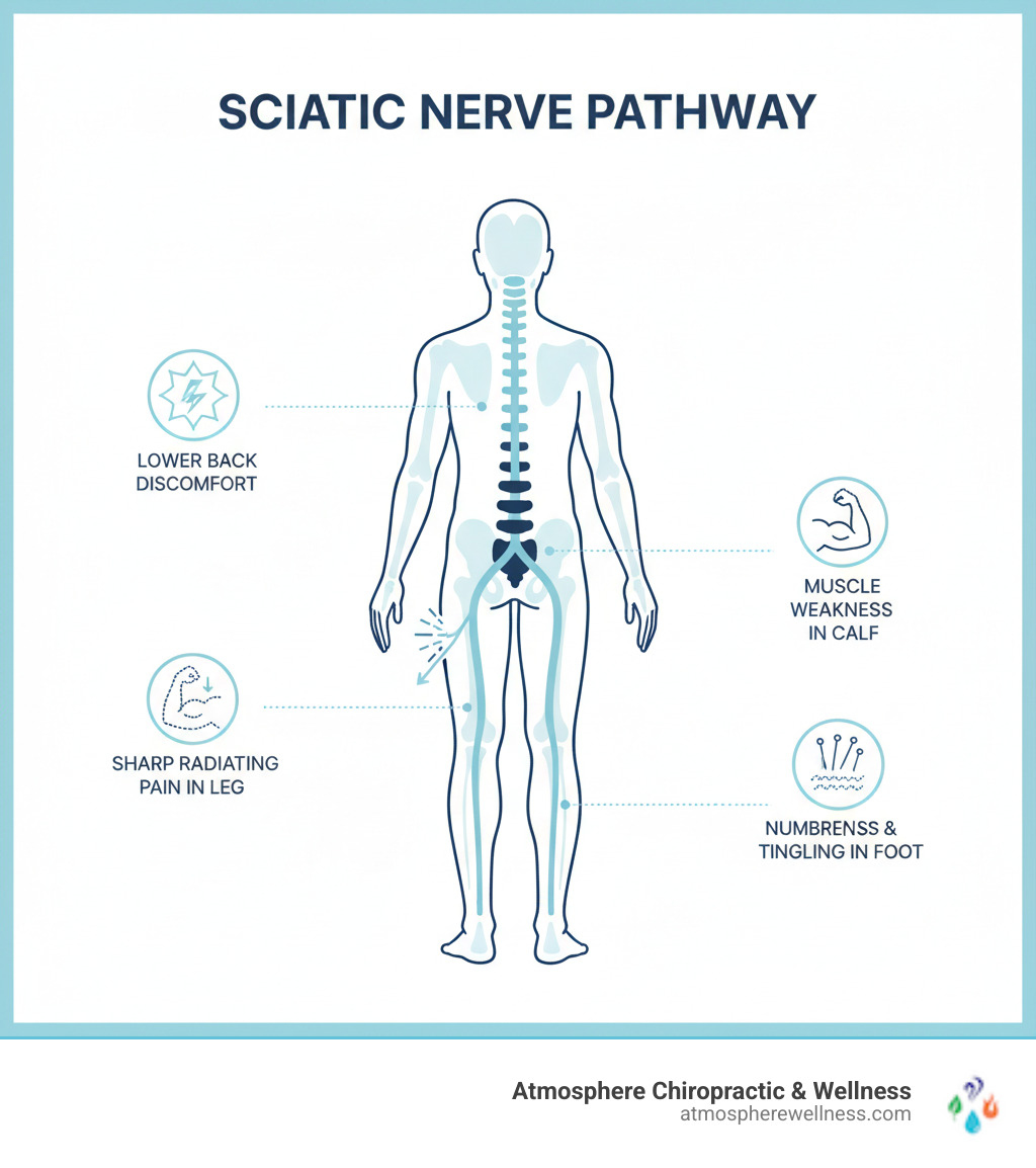 Infographic showing the sciatic nerve pathway from L4-S3 nerve roots in the lower spine, traveling through the pelvis and buttocks, down the back of the thigh to the foot, with labeled symptoms including sharp radiating pain in the leg, numbness and tingling in the foot, muscle weakness in the calf, and lower back discomfort - Sciatic nerve pain therapy infographic Infographic showing the sciatic nerve pathway from L4-S3 nerve roots in the lower spine, traveling through the pelvis and buttocks, down the back of the thigh to the foot, with labeled symptoms including sharp radiating pain in the leg, numbness and tingling in the foot, muscle weakness in the calf, and lower back discomfort - Sciatic nerve pain therapy infographic