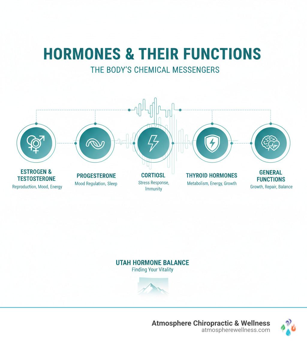 infographic showing the body's main hormones including estrogen, testosterone, progesterone, cortisol, and thyroid hormones with their primary functions like reproduction, energy, mood regulation, stress response, and metabolism - utah hormone therapy infographic infographic showing the body's main hormones including estrogen, testosterone, progesterone, cortisol, and thyroid hormones with their primary functions like reproduction, energy, mood regulation, stress response, and metabolism - utah hormone therapy infographic