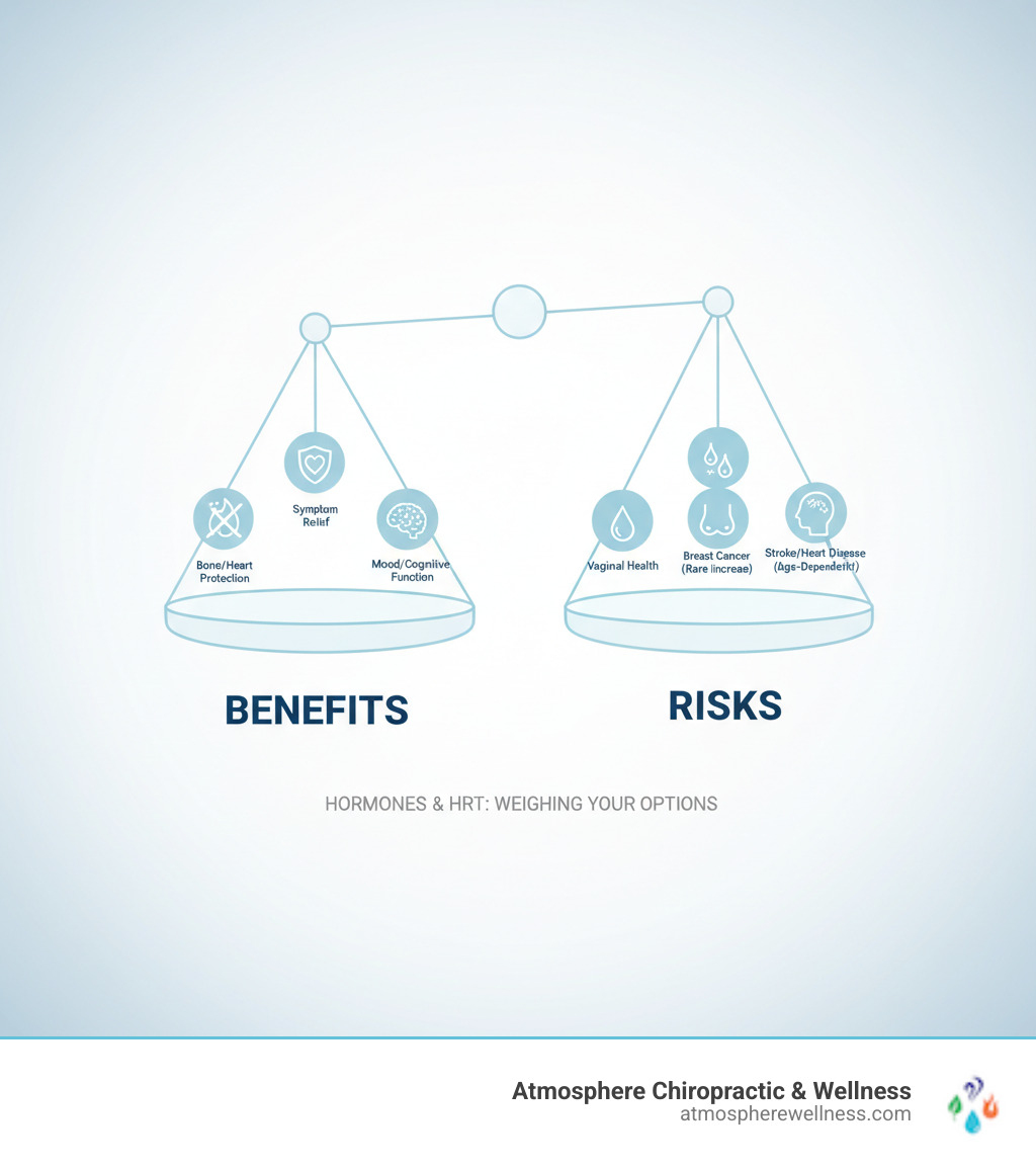 Infographic of a balanced scale with "Benefits" on one side and "Risks" on the other, each with bullet points representing various aspects of HRT - hormones and hrt infographic 