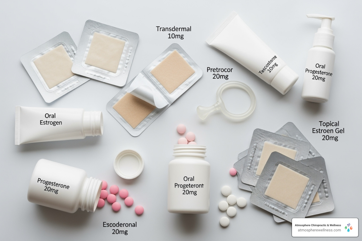 Image of various HRT forms including pills, patches, gels, and vaginal rings - hormones and hrt
