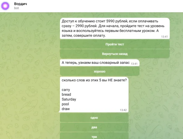 Общение с ботом Wordich перед оформлением подписки 