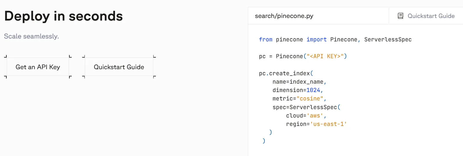 Страница быстрого развертывания Pinecone с примером Python кода для создания векторного индекса и подключения к API