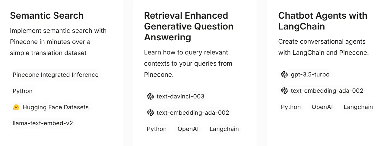 Примеры использования Pinecone для семантического поиска, генеративных QA-систем и чат-ботов с LangChain интеграцией