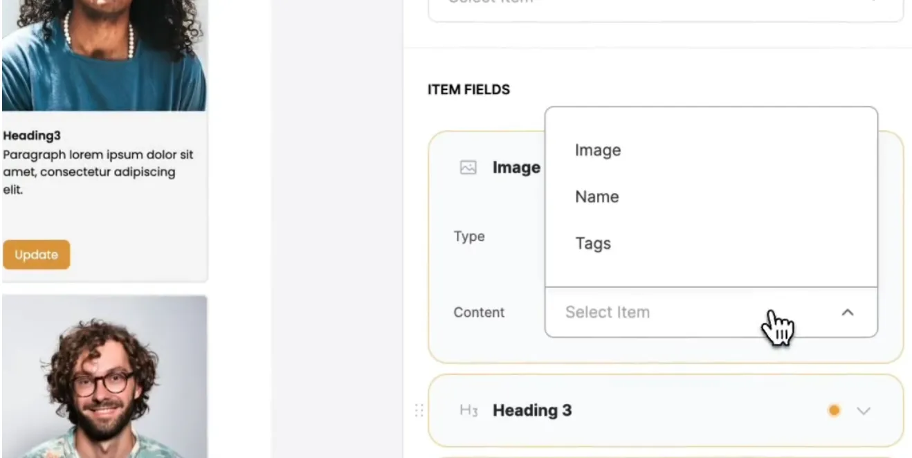 Интерфейс no-code конструктора с настройкой полей элементов и визуальным редактором контента страницы