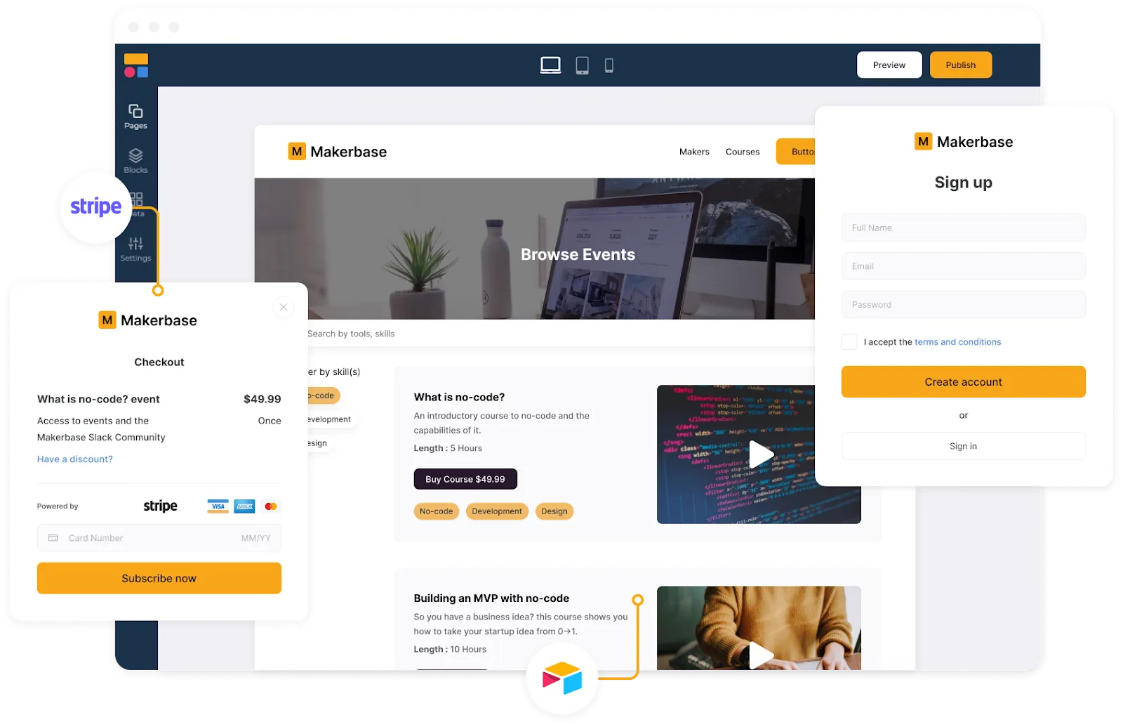 Интерфейс no-code платформы для создания образовательного сайта Makerbase с курсами по no-code разработке и интеграцией Stripe