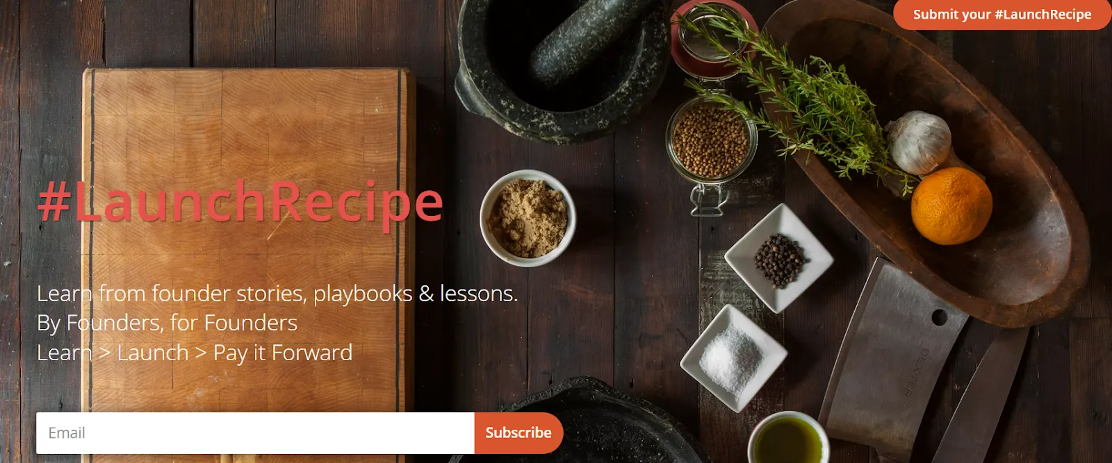 Лендинг проекта LaunchRecipe для обучения основателям стартапов с формой подписки и призывом к действию