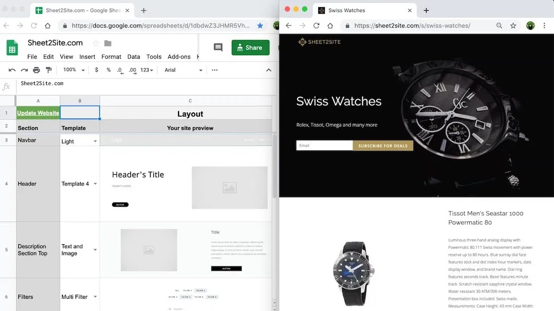 Создание веб-сайта на основе Google Sheets с помощью платформы Sheet2Site и предварительным просмотром магазина часов