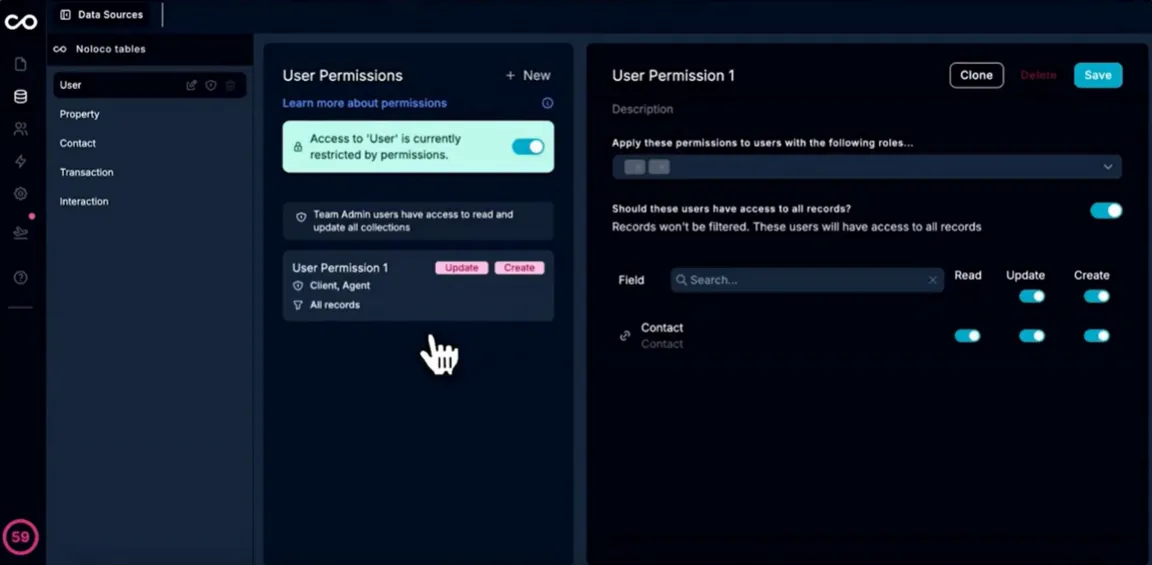 Панель настройки прав доступа пользователей в no-code платформе с управлением ролями и разрешениями для баз данных