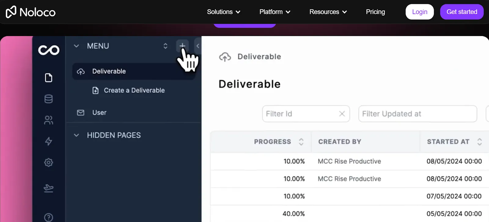 Интерфейс no-code платформы Noloco с управлением проектами и отслеживанием прогресса выполнения задач