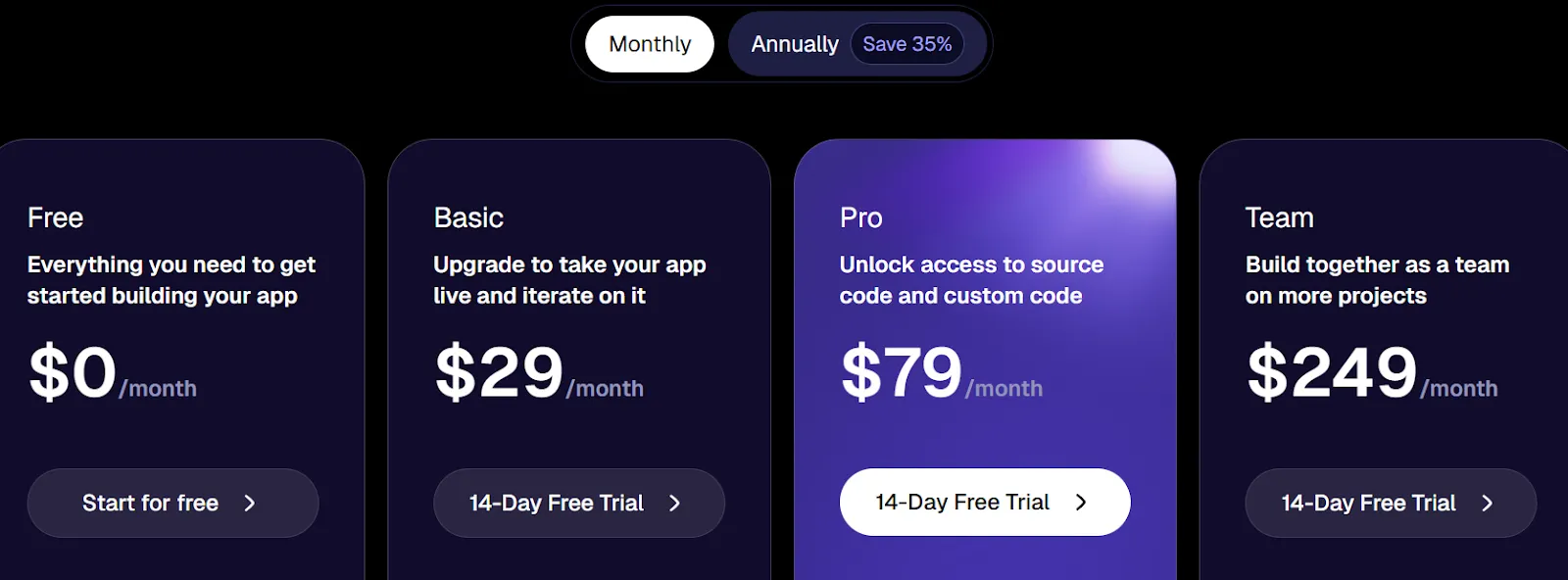 Тарифные планы no-code платформы разработки приложений: Free, Basic ($29), Pro ($79) и Team ($249) в месяц