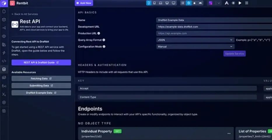 Панель настройки REST API в no-code платформе с конфигурацией endpoints, аутентификации и примерами данных